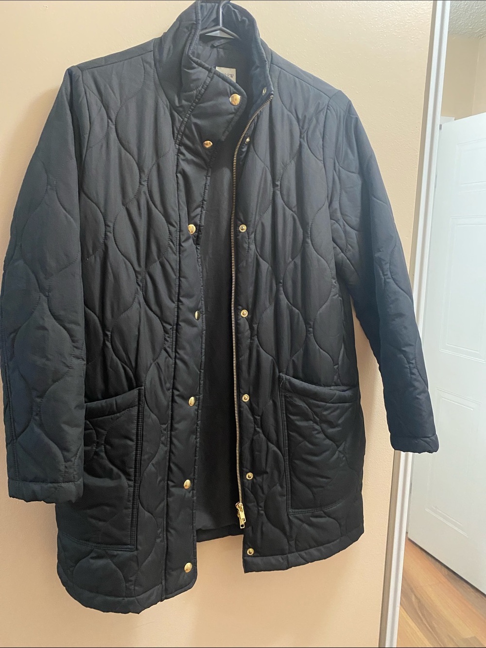 J. Crew Black Quilted Long Puffer Coat with Gold Hardware